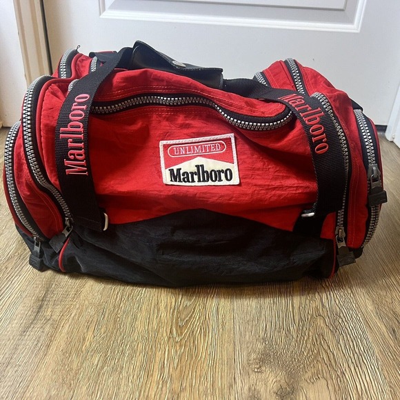 Marlboro Other - Vtg 90s Marlboro Unlimited Duffel Gym Bag Travel Weekend Tote Red Black Luggage